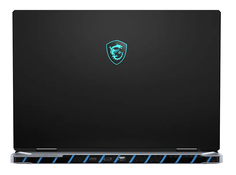 Czarny laptop z niebieskim logo smoka MSI u góry i niebieskimi paskami na dole.