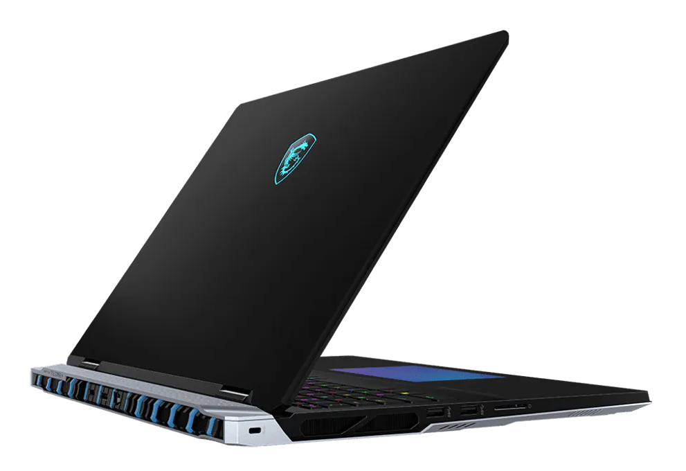 Czarny laptop z niebieskim logo MSI. Widoczna klawiatura i otwory wentylacyjne.