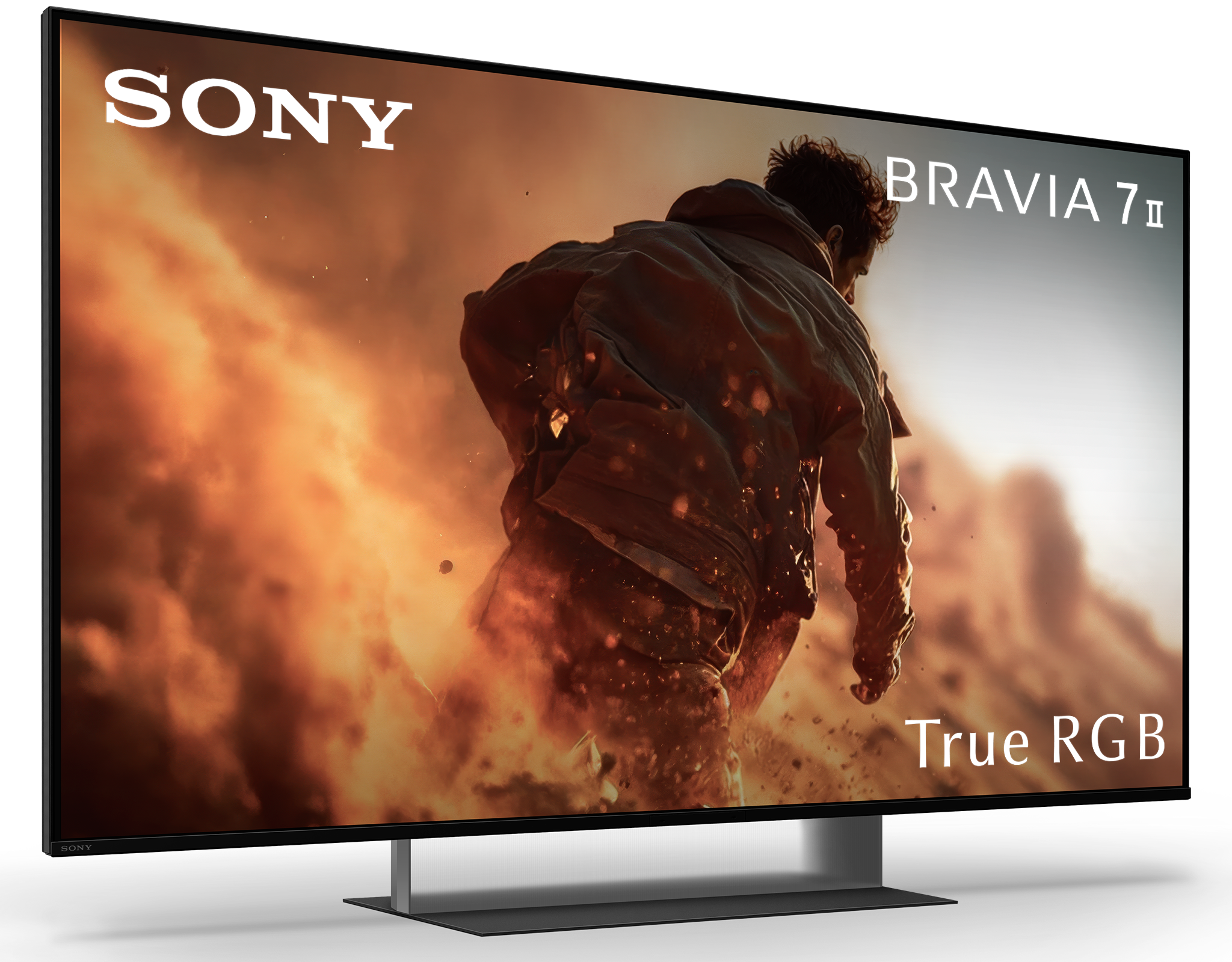 Mężczyzna w kurtce stoi na tle płonącego, chmurnego krajobrazu. Sony Bravia 7II True RGB.