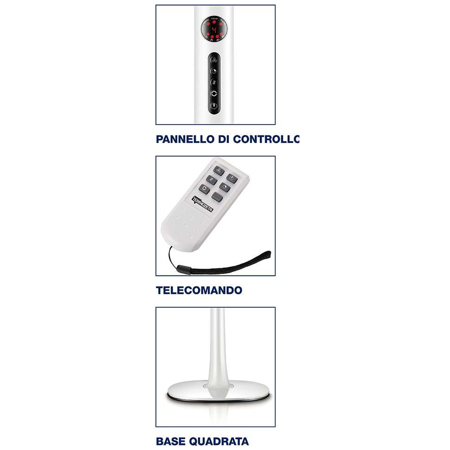 White control panel, remote, and square base of a fan.