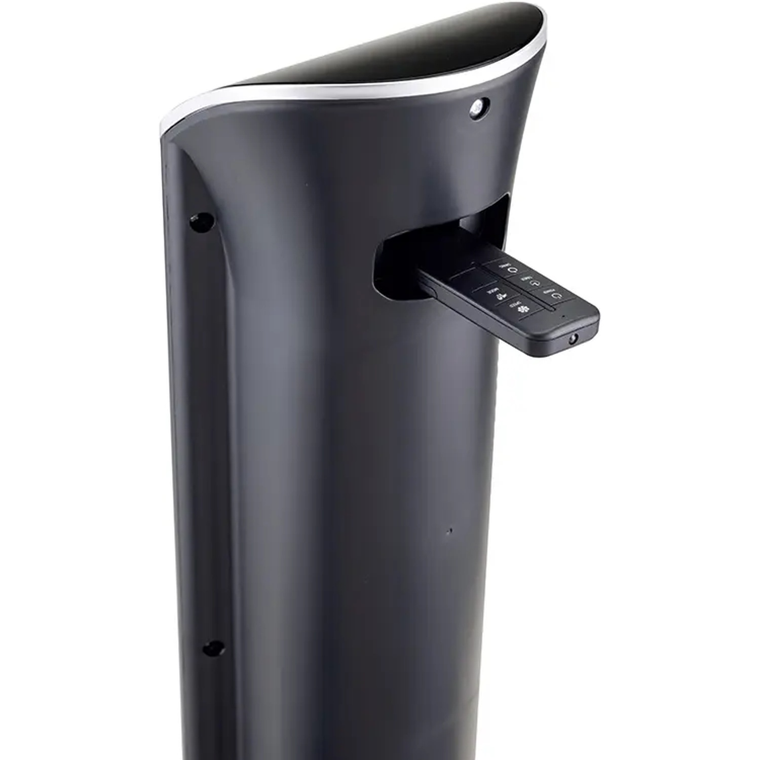 Black tower with remote in a slot. White edge at the top.