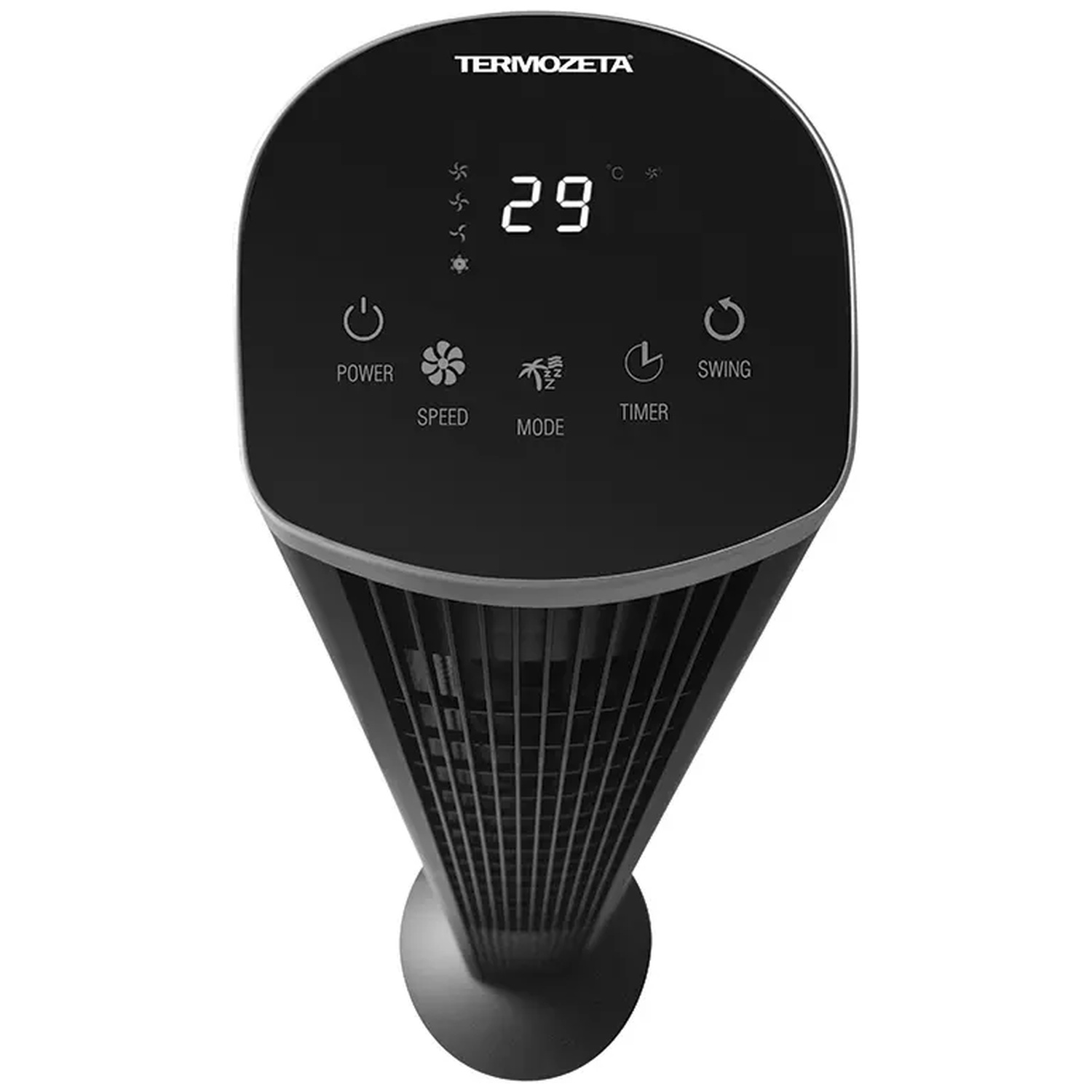 Black tower fan with digital display showing 29 degrees and icons for power, speed, mode, and timer.