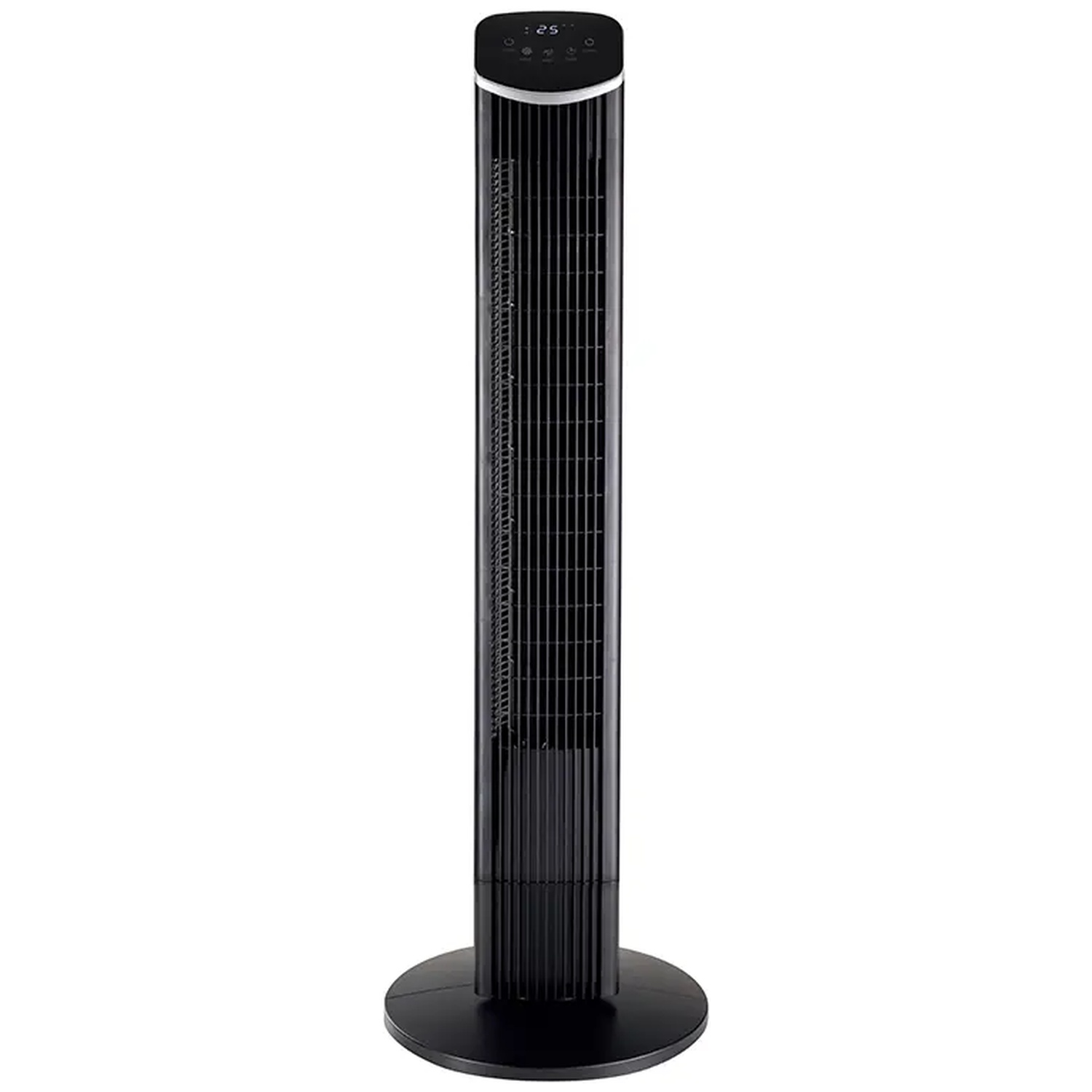 A tall, black tower fan with a digital display sits on a round base.