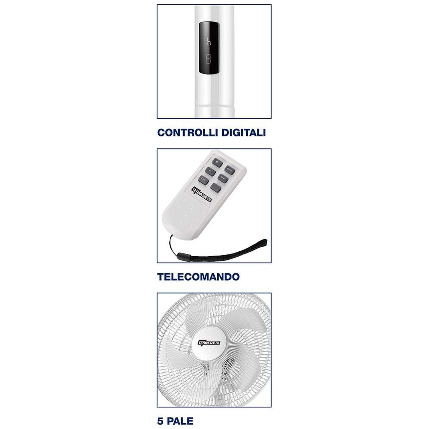 A white fan with a remote control and digital controls shown.