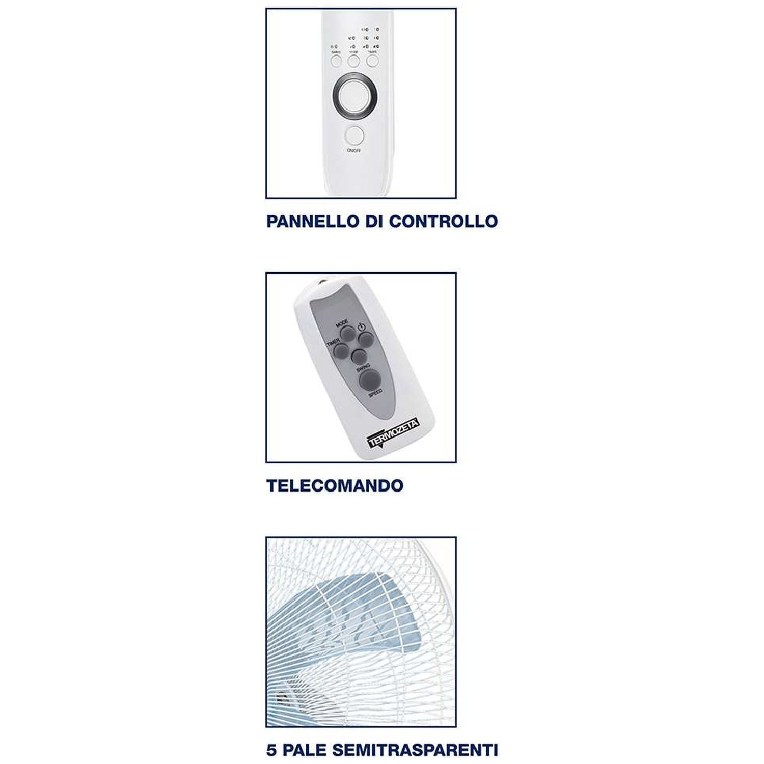 White remote control with buttons and a large circular button. Also shows fan blades.