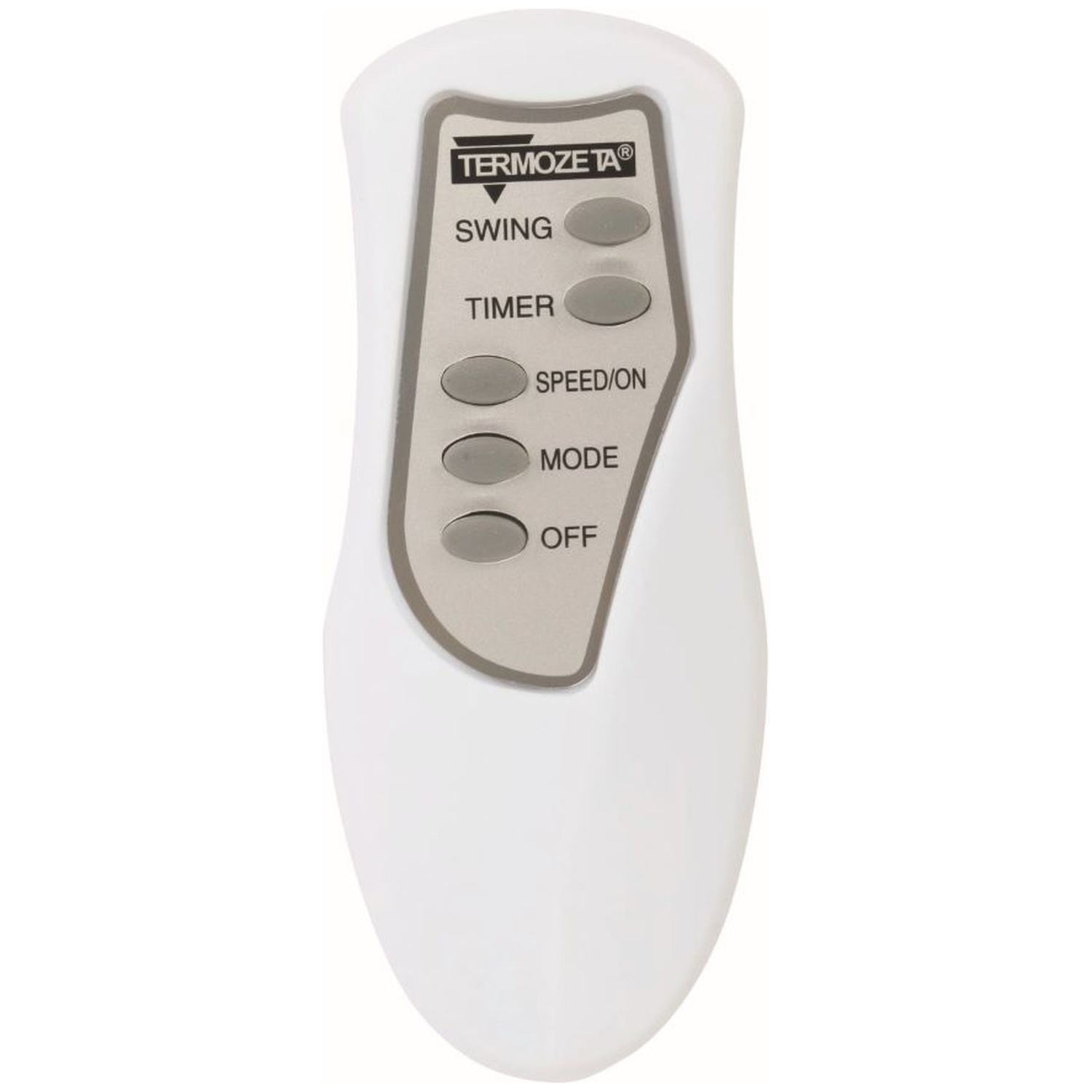 White remote control with buttons for Swing, Timer, Speed/On, Mode, Off.