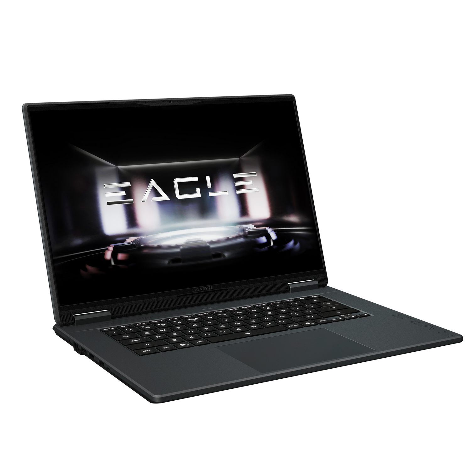 Un portátil oscuro con la palabra "EAGLE" en su pantalla iluminada.