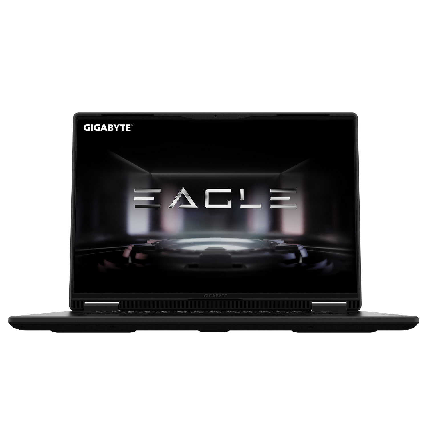 Un portátil Gigabyte negro con la palabra EAGLE en la pantalla.