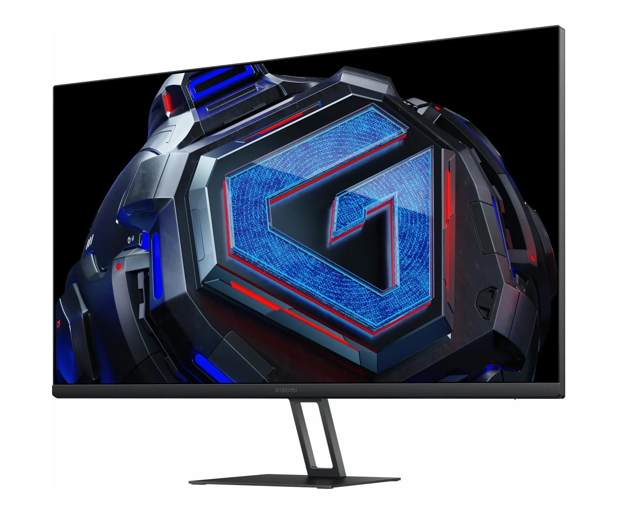 Un monitor futurista muestra un logo azul brillante sobre fondo negro.