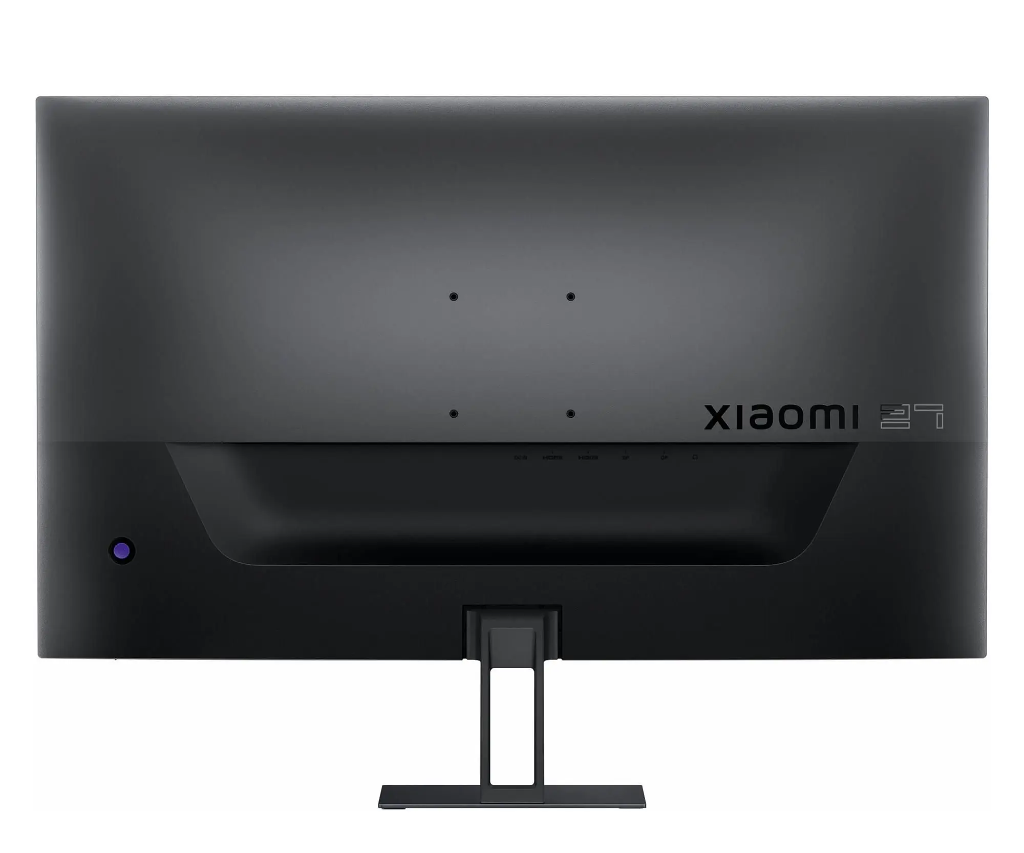 Vista trasera de un monitor Xiaomi negro con puertos y logo.