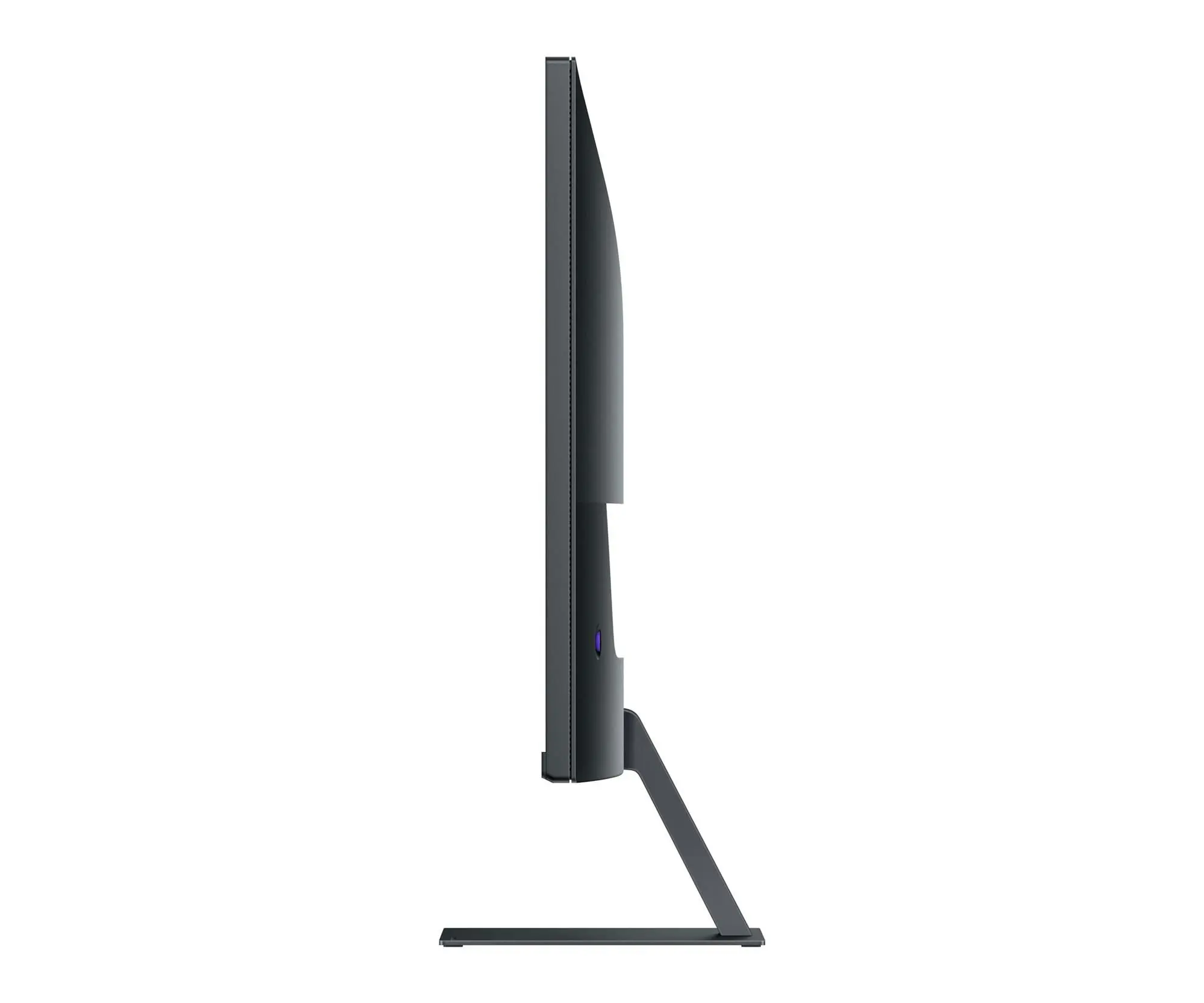 Un monitor negro en vista de perfil, con bisel delgado y soporte en forma de L.