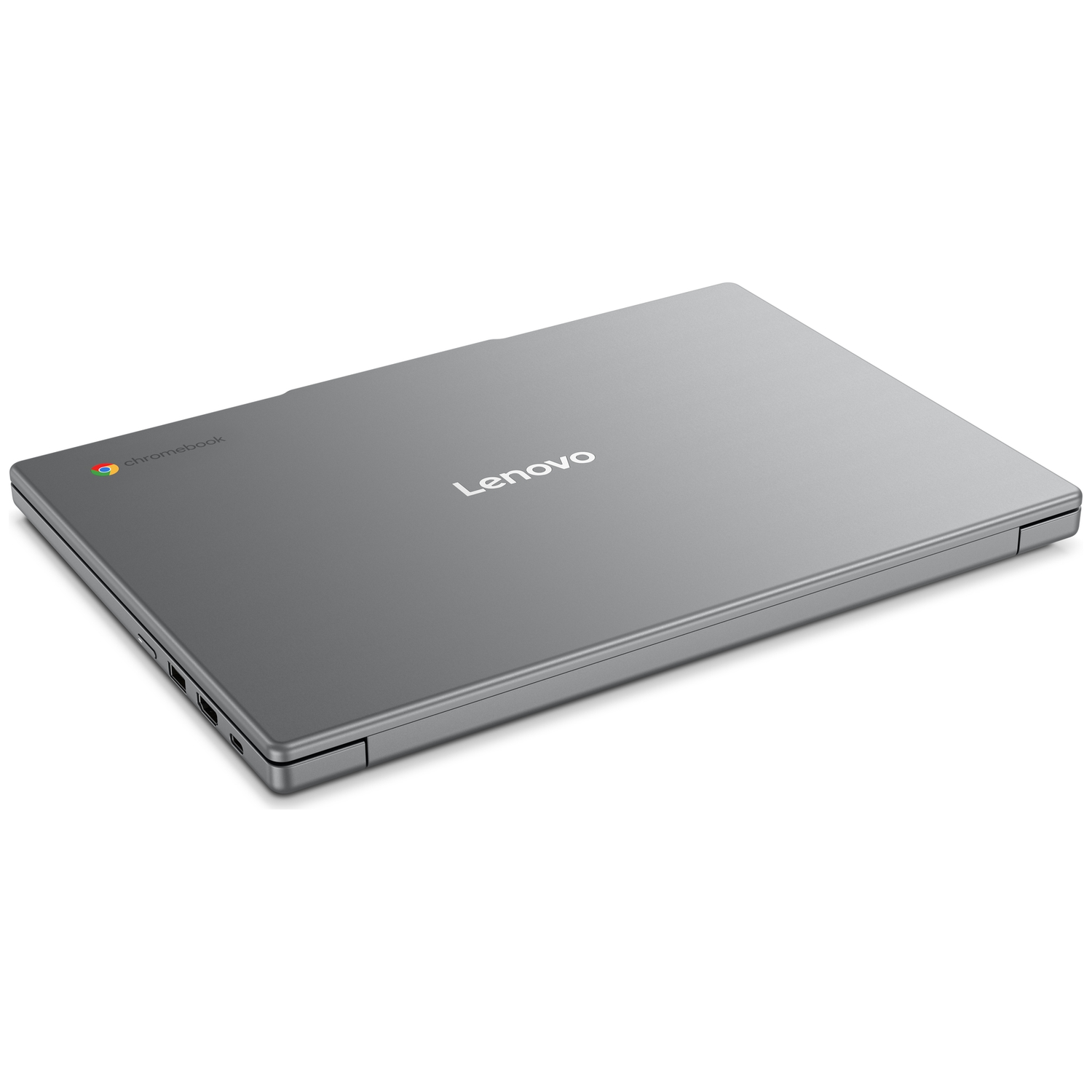 A closed, gray Lenovo Chromebook laptop with ports on the side.