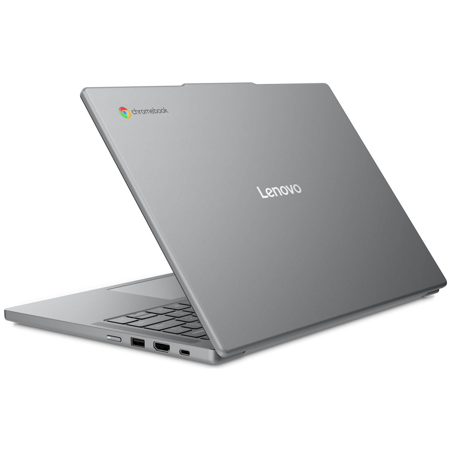 Silver Lenovo Chromebook laptop, open, showing keyboard and ports.