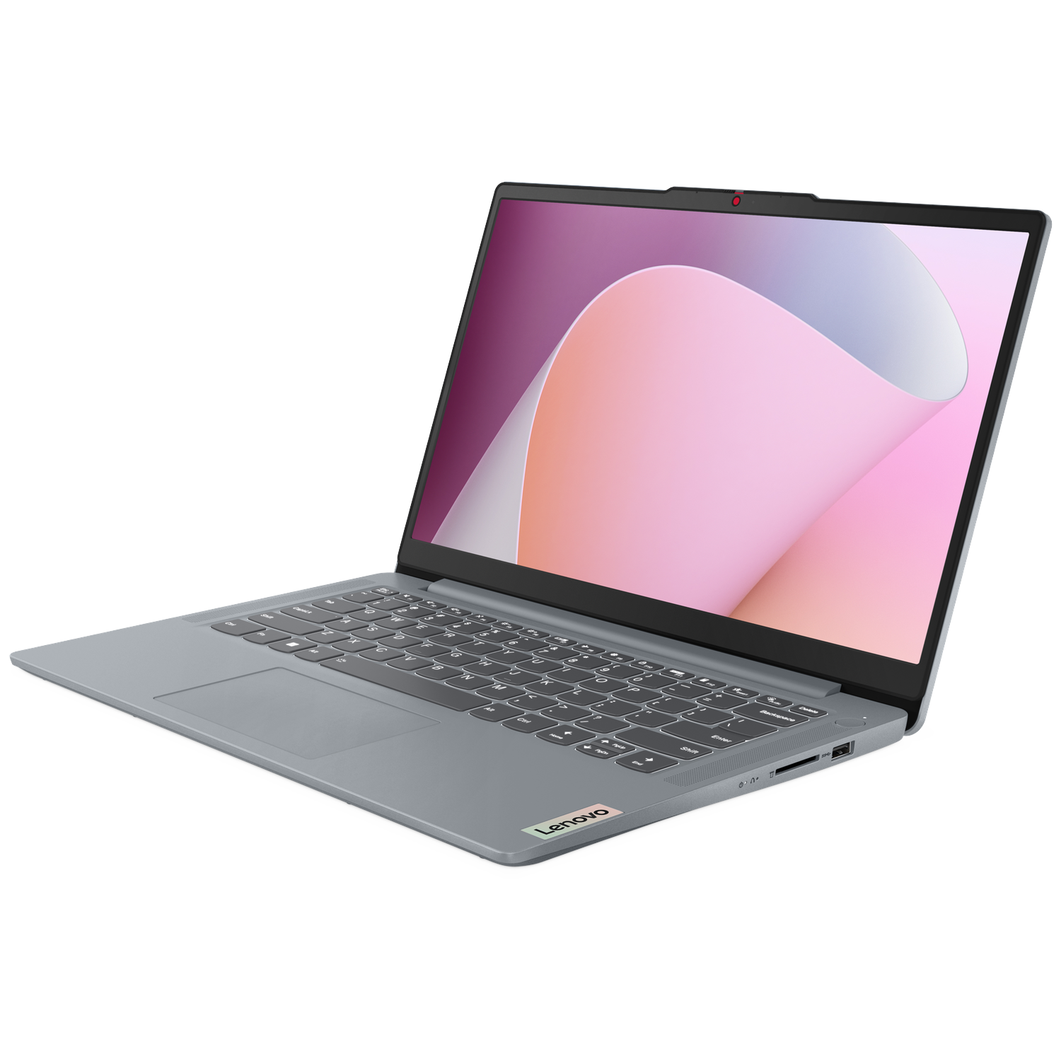 A gray Lenovo laptop is open, showing a keyboard and a screen with pink and orange abstract art.