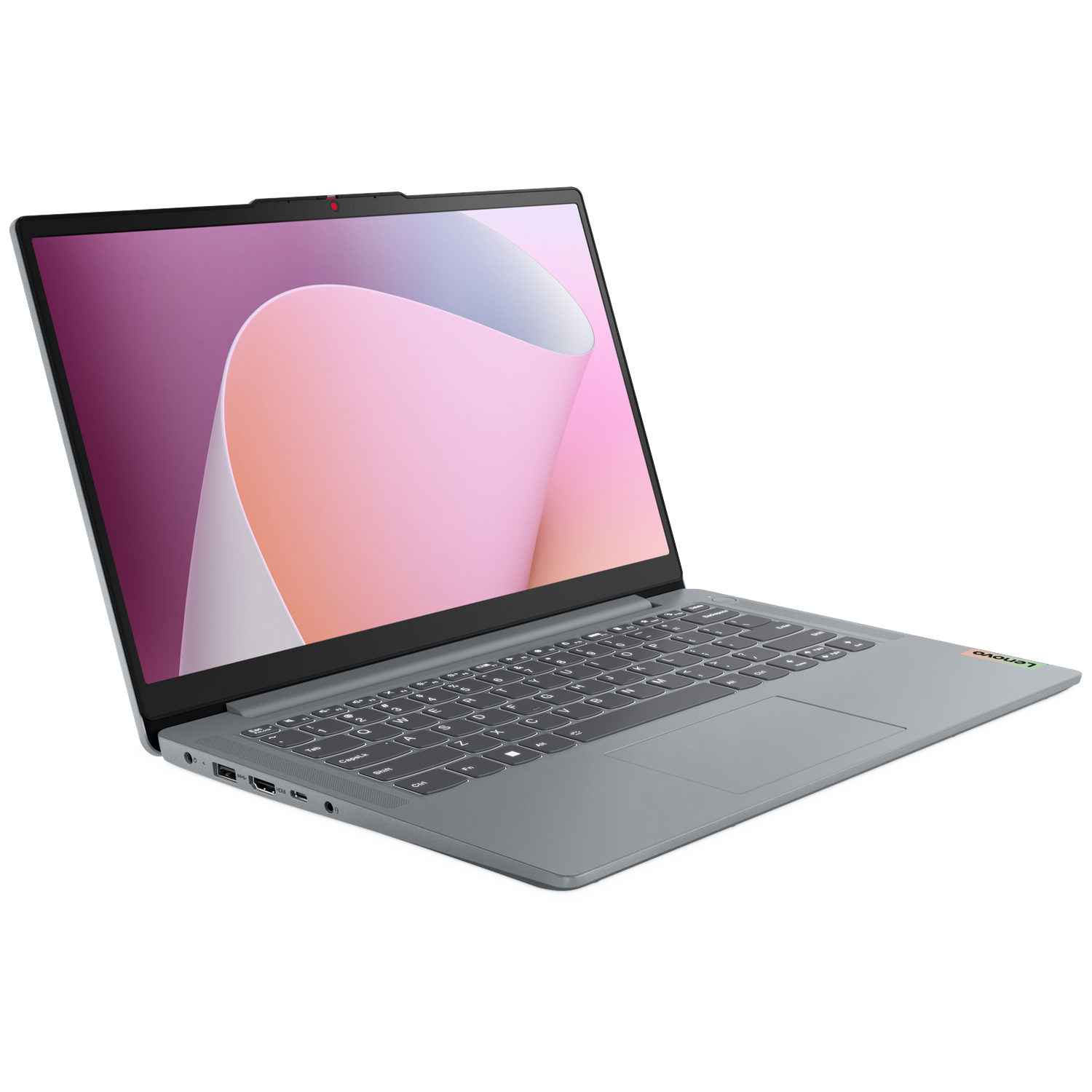 Gray laptop with backlit keyboard and open screen displaying pink and purple graphics.