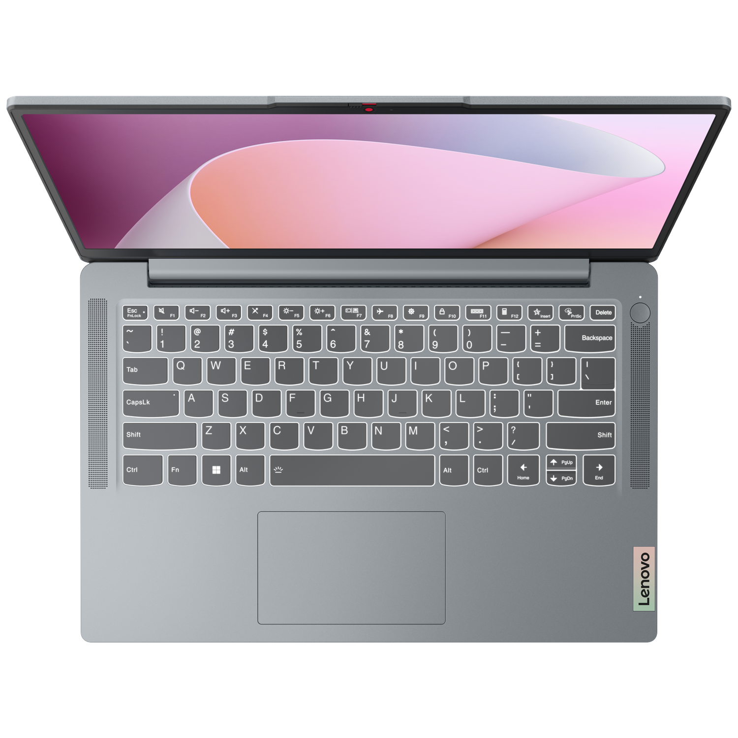 An open gray laptop with keyboard and touchpad on a black background.