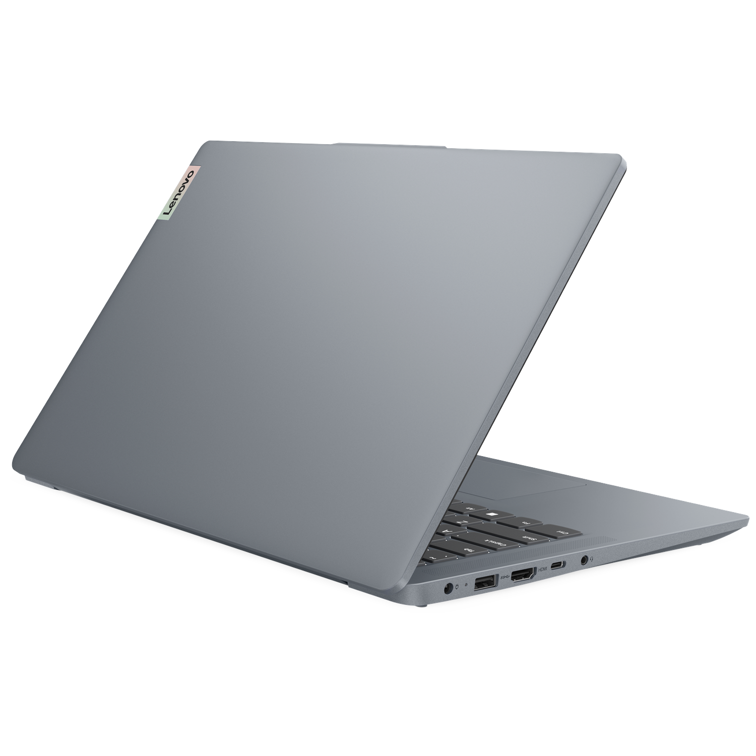 Gray Lenovo laptop with keyboard and ports, slightly open.