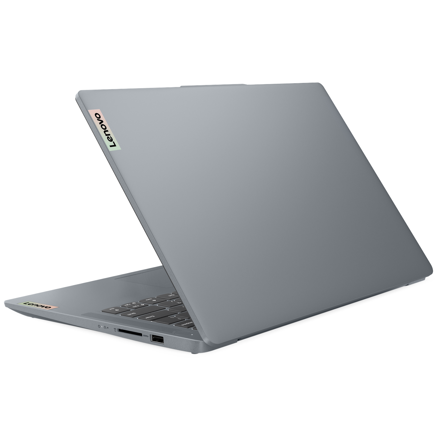 Gray Lenovo laptop with screen open, revealing keyboard. A USB port is visible.