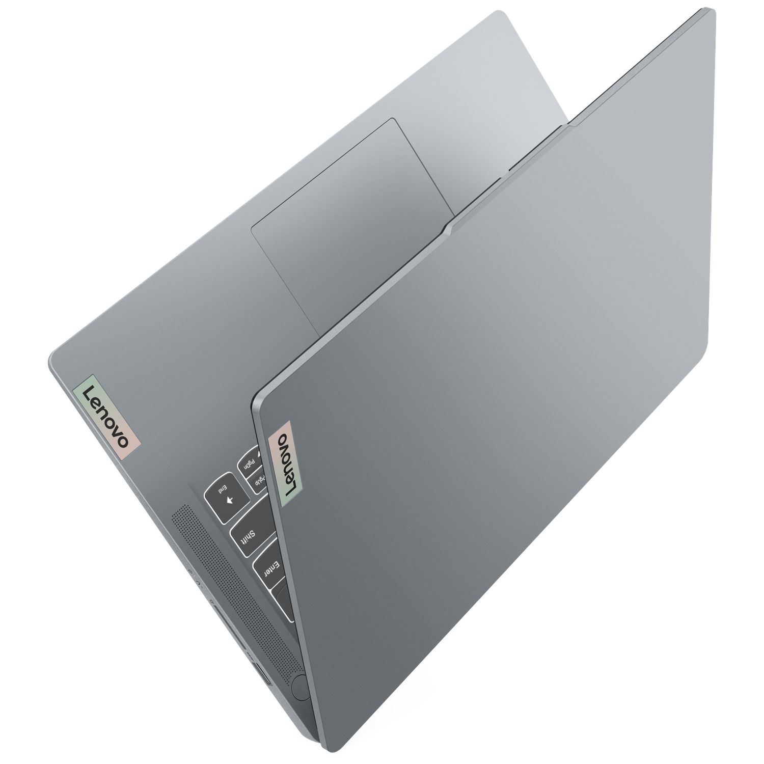An open grey Lenovo laptop with a backlit keyboard.