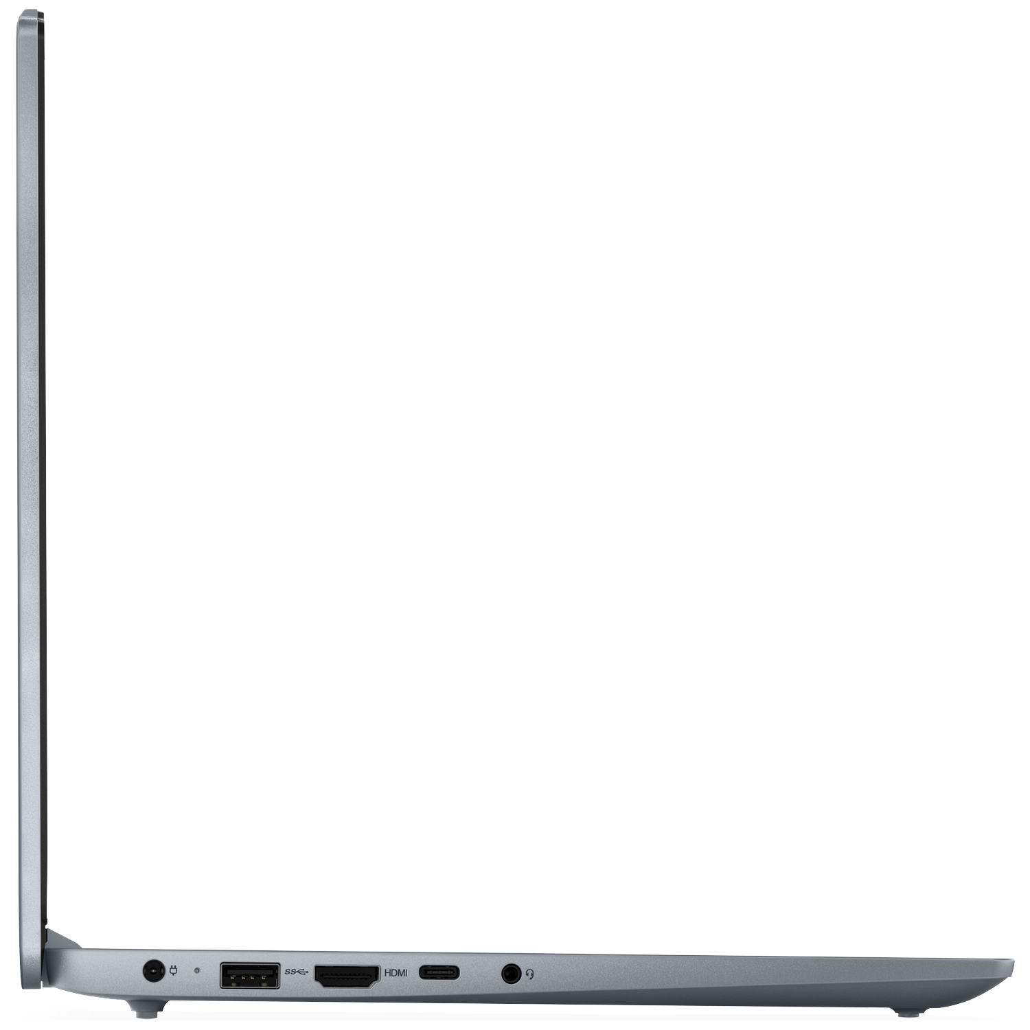 Side view of an open silver laptop showing power, USB-A, HDMI, and headphone ports.