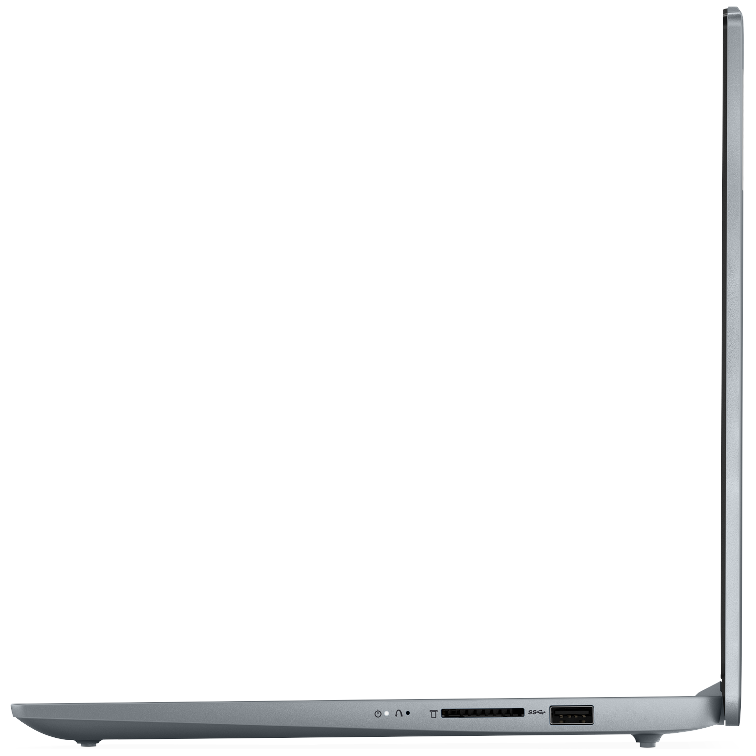 Gray laptop side view showing power, audio, SD card, and USB ports.