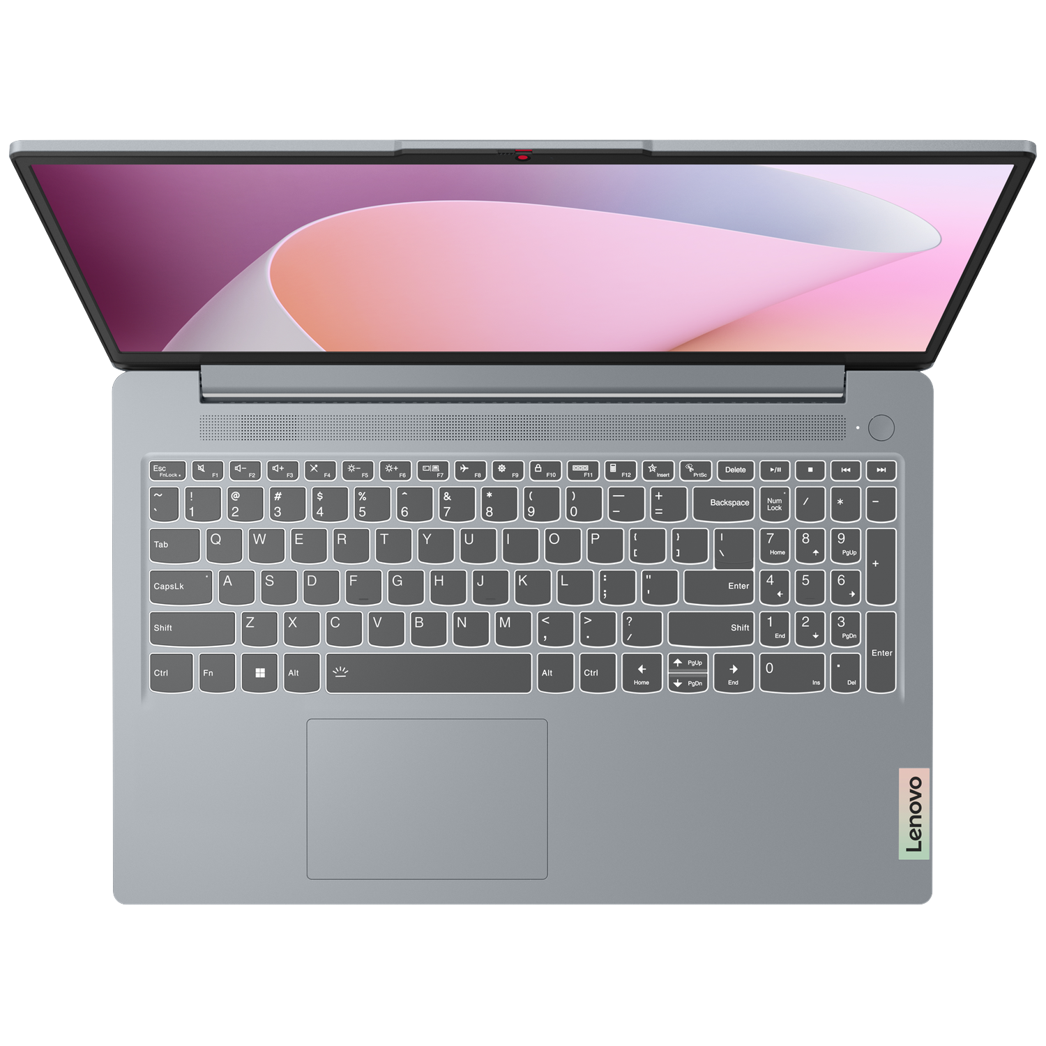 A grey Lenovo laptop with its screen and keyboard open.
