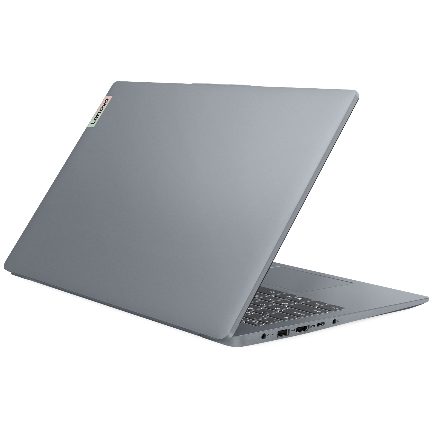 A closed, gray Lenovo laptop with a backlit keyboard and various ports.