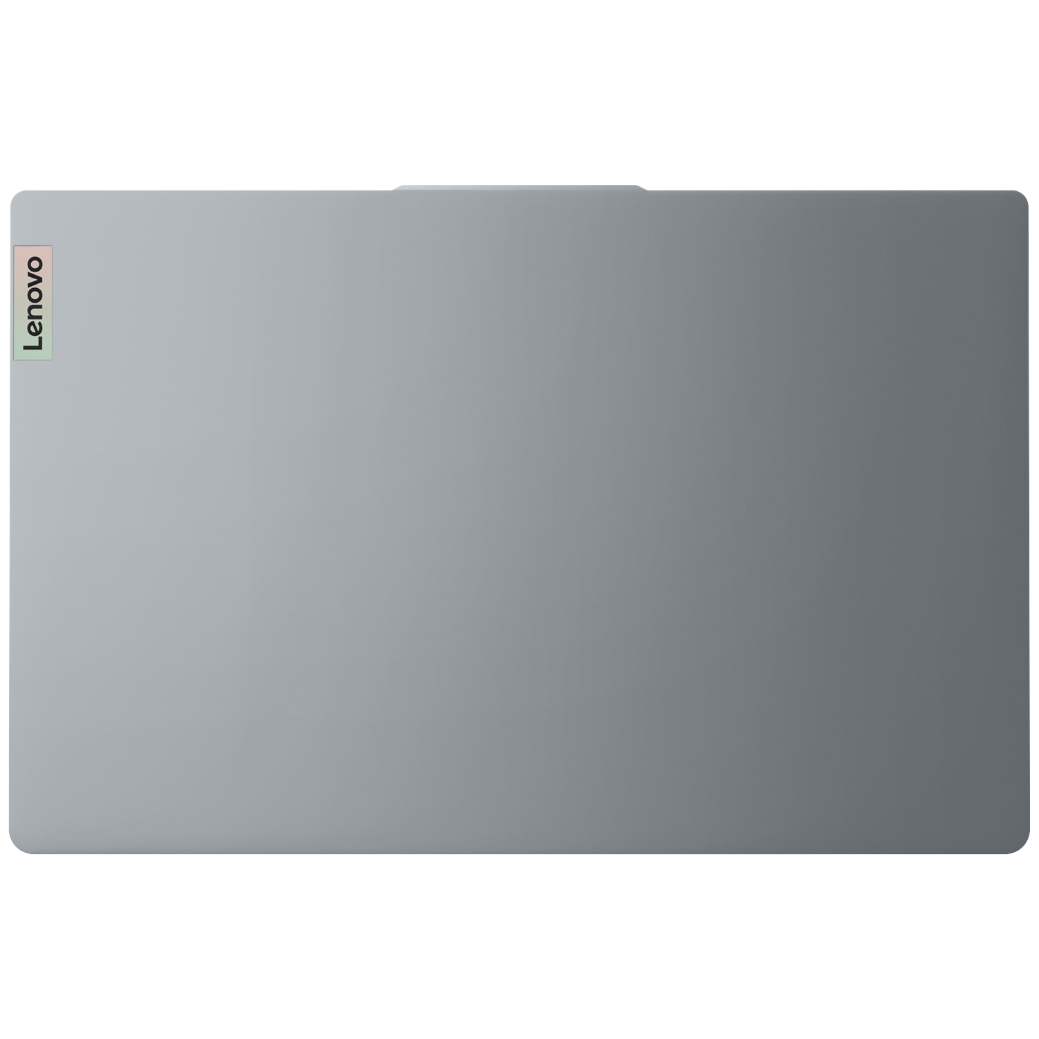 Gray Lenovo laptop with logo on the upper left.