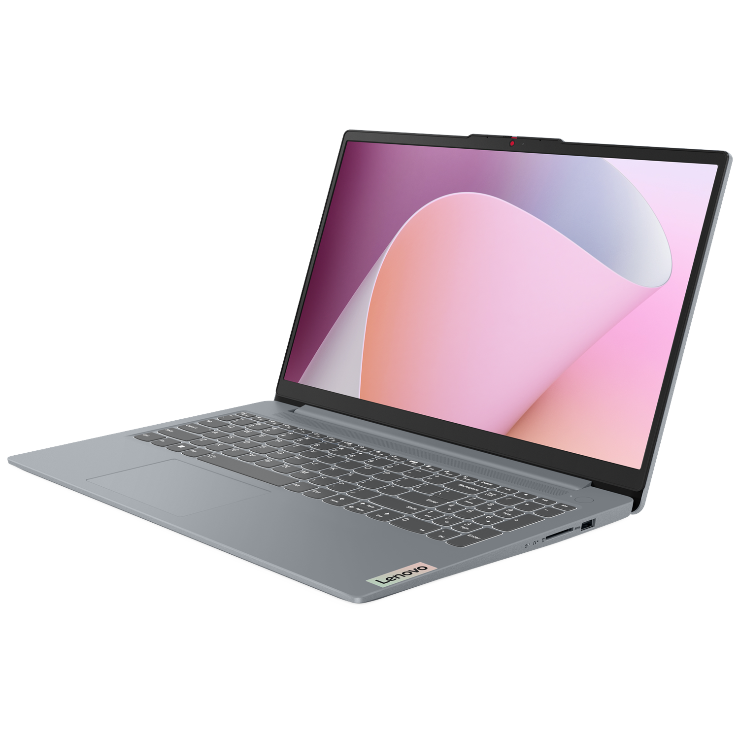 Gray laptop with keyboard and screen displaying an abstract pattern.