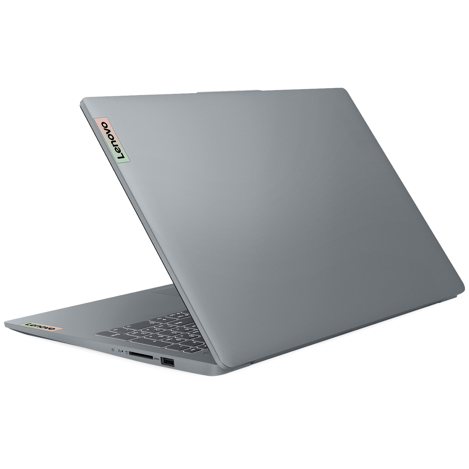 Gray Lenovo laptop with backlit keyboard and ports visible.