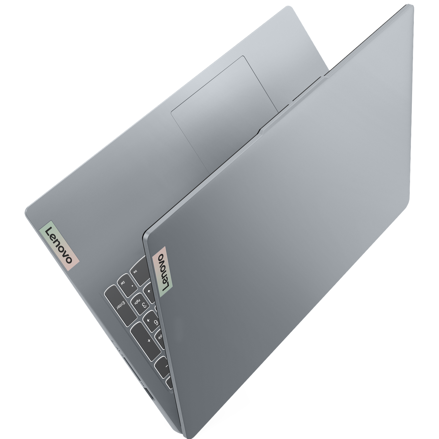 A closed silver Lenovo laptop, showing keyboard and touchpad, viewed from above.