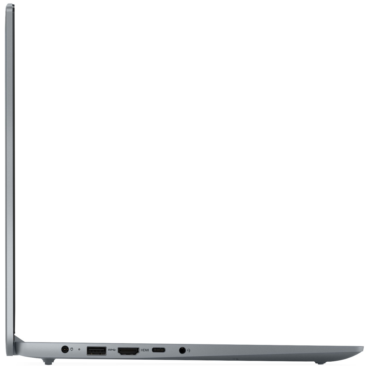 Side view of a silver laptop showing ports: power, USB, HDMI, USB-C, headphone.