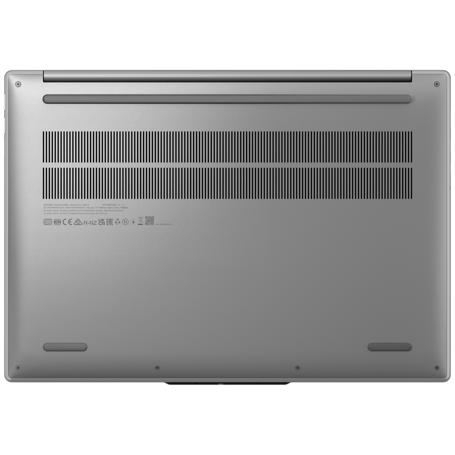 Underside of a gray laptop with ventilation slits and certification logos.