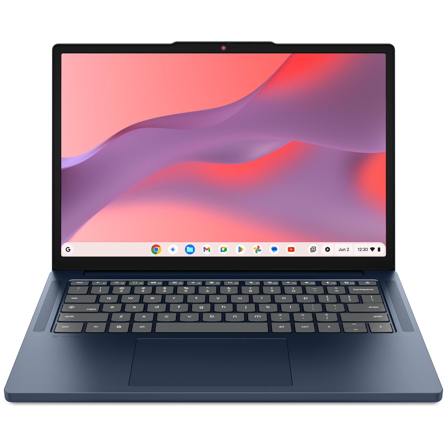 A closed, dark blue laptop with a colorful wallpaper on the screen.