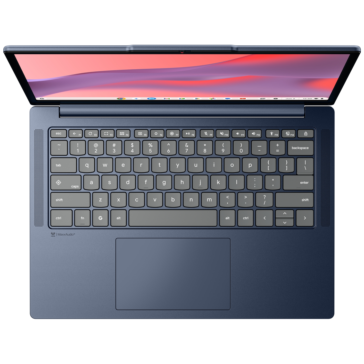 An open dark blue laptop displays a colorful abstract wallpaper on its screen. The keyboard is visible.