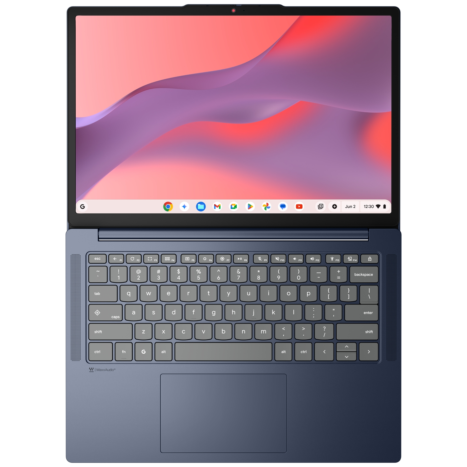 A dark blue laptop with its screen open, displaying a colorful background.