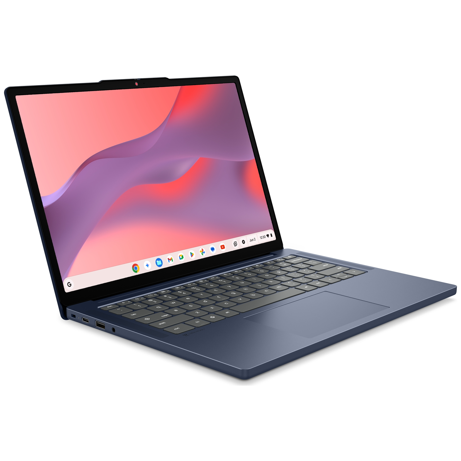 Blue laptop with a colorful wallpaper on screen and a black keyboard.