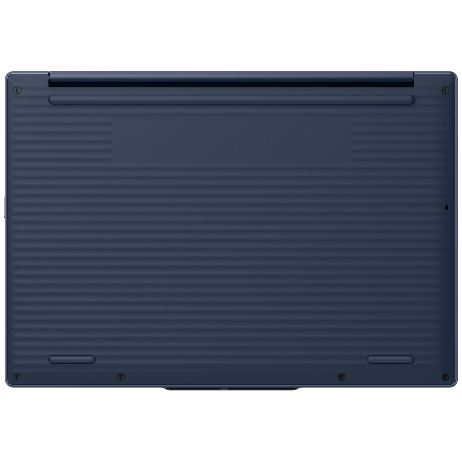 Dark blue laptop bottom with horizontal ridges and screws.