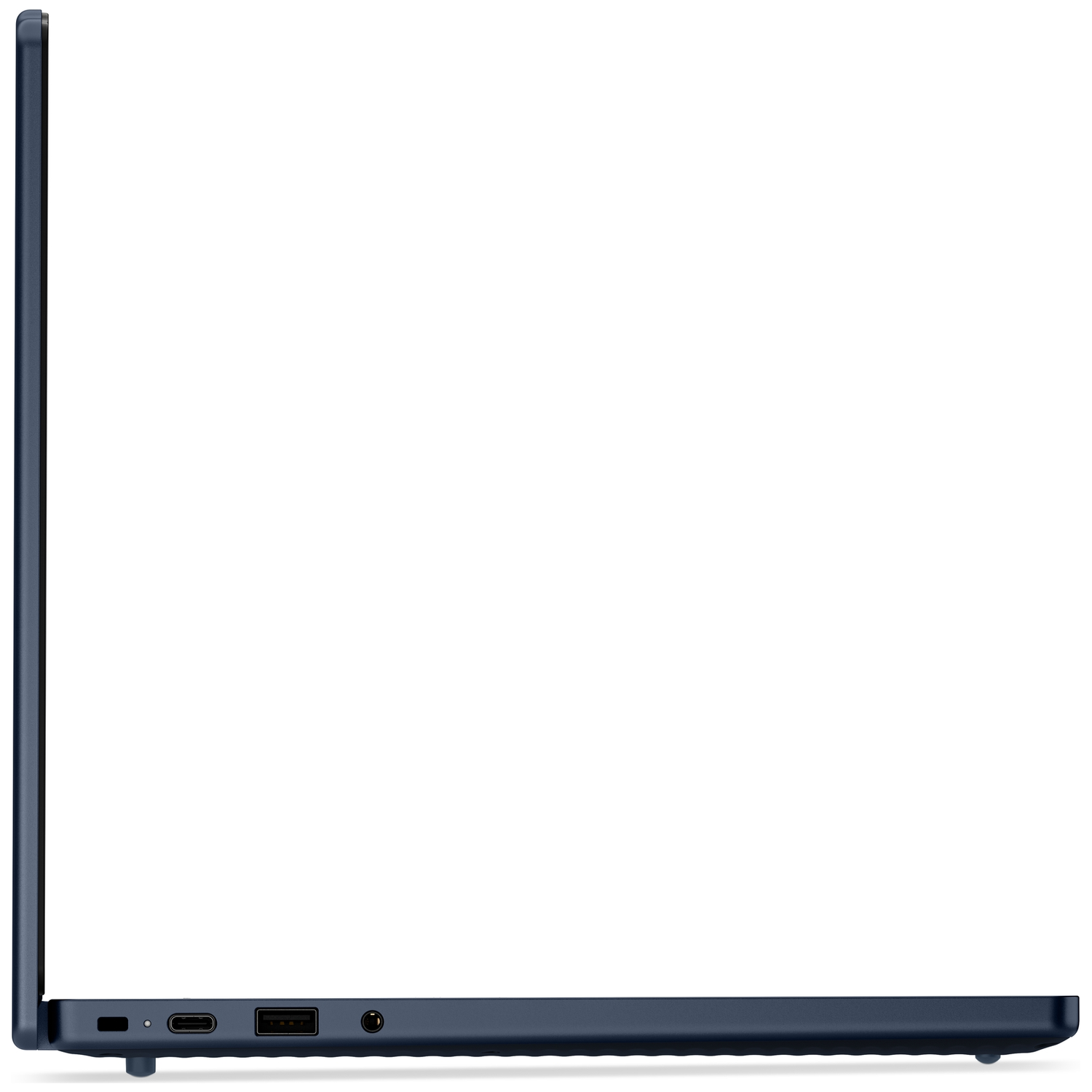 Dark blue laptop profile with USB-C, USB-A, and audio ports.