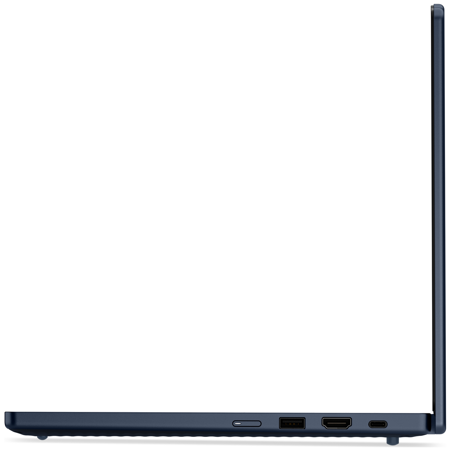 Dark blue laptop side view showing HDMI, USB, and USB-C ports.