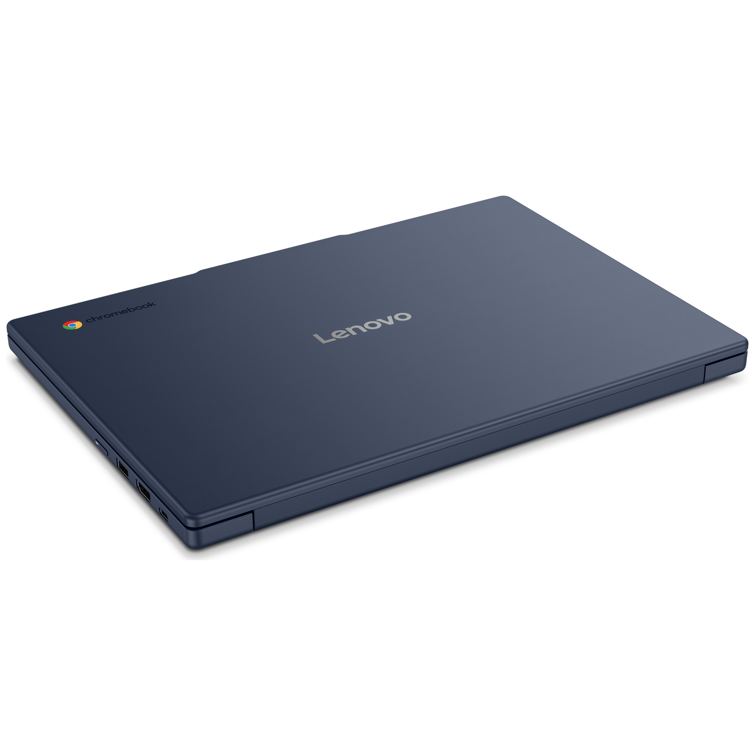 A closed, dark blue Lenovo Chromebook laptop rests on a white background.