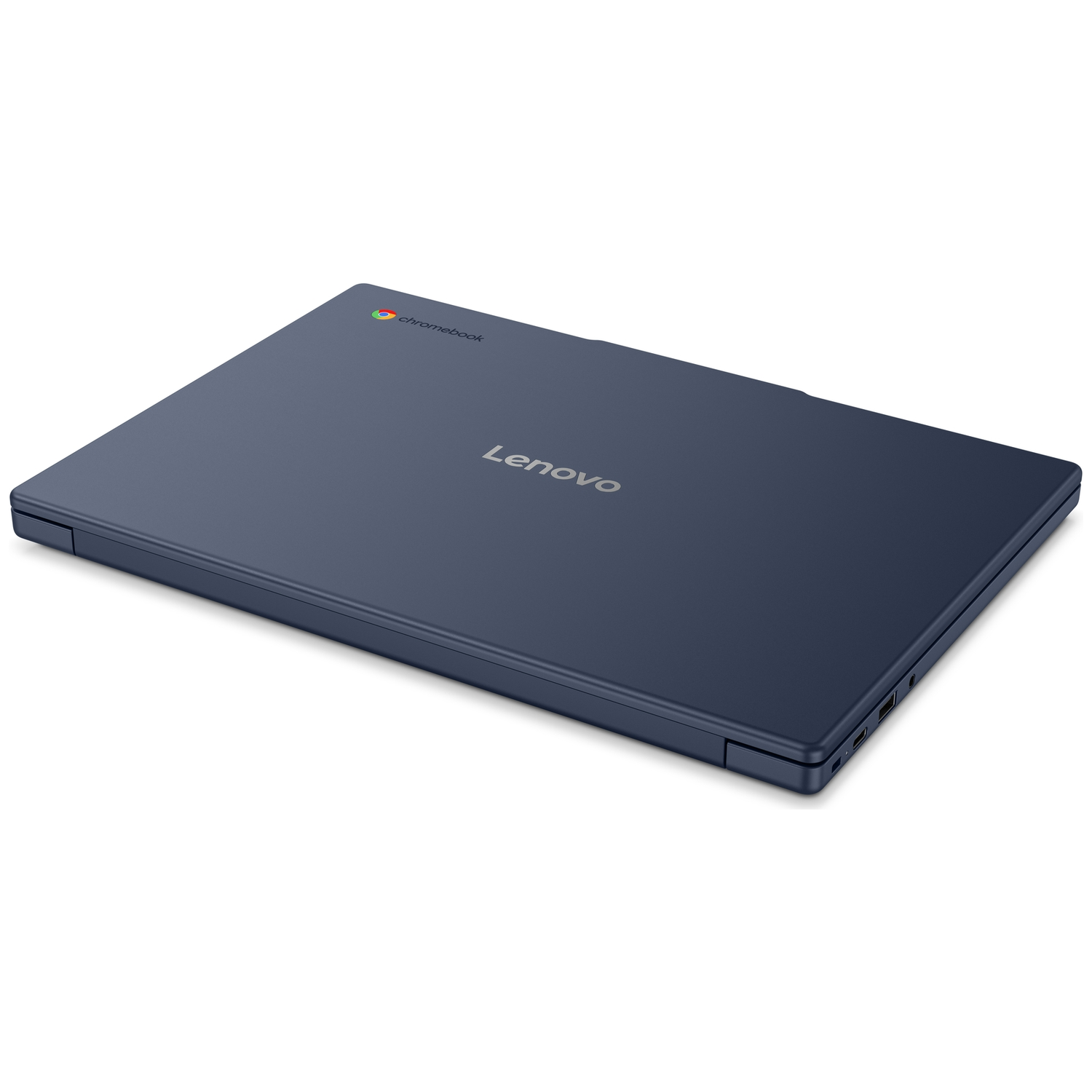A closed, dark blue Lenovo Chromebook rests on a white surface.