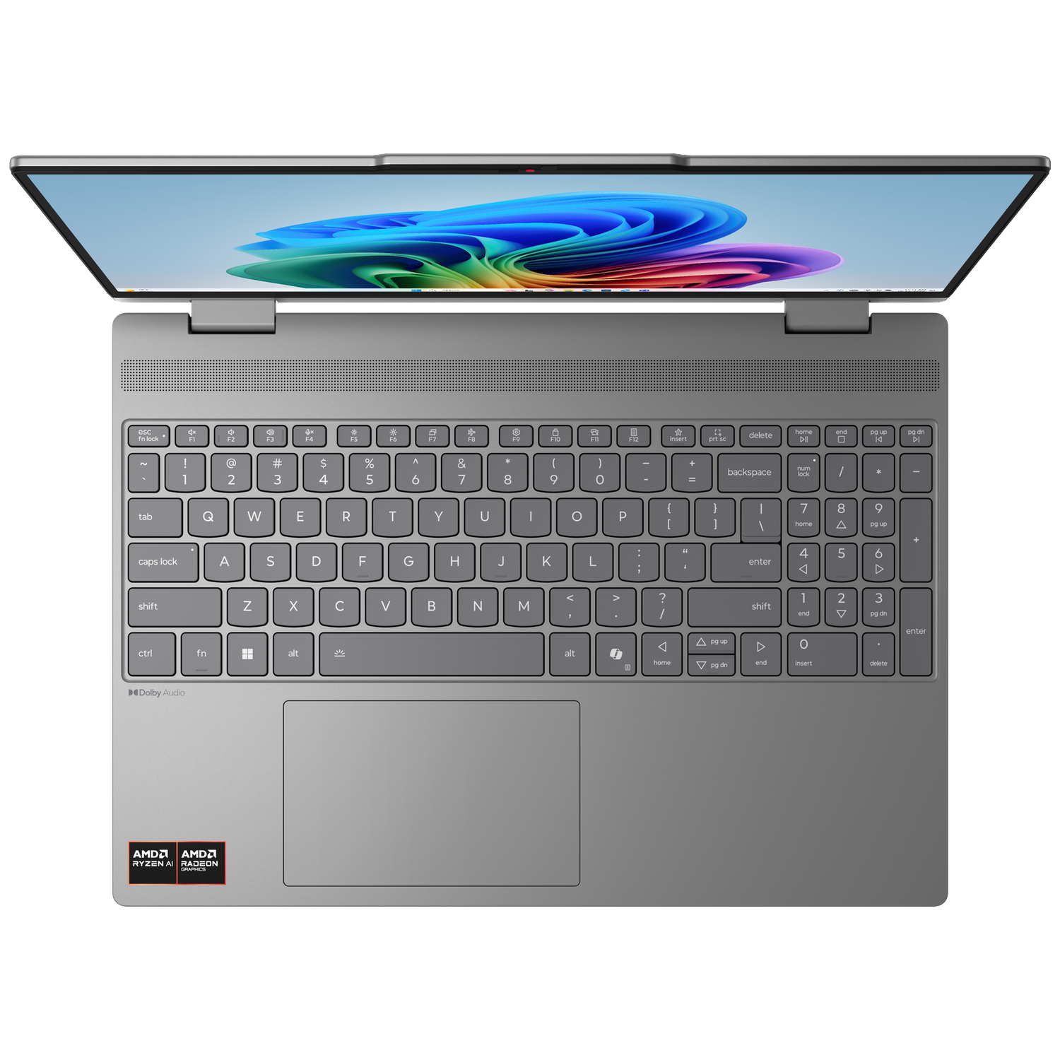 Open silver laptop with colorful abstract wallpaper on screen and AMD Ryzen AI logo.