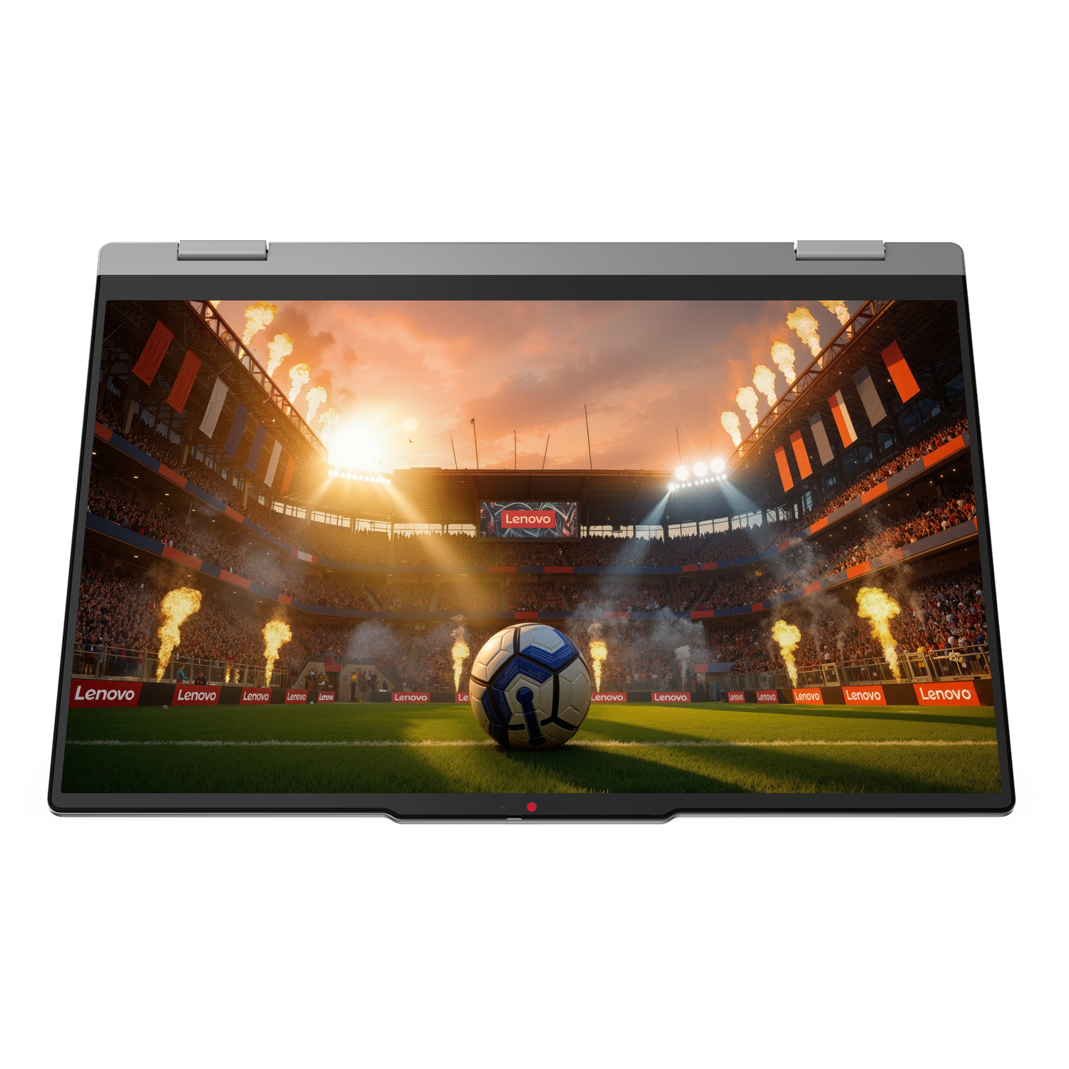 Soccer stadium with fireworks, a ball, and many spectators.