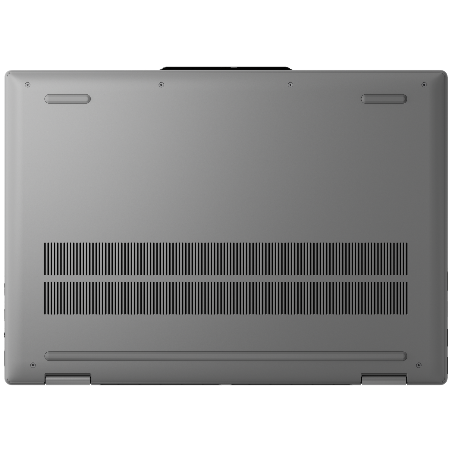 Underside of a gray laptop with vents and screws visible.