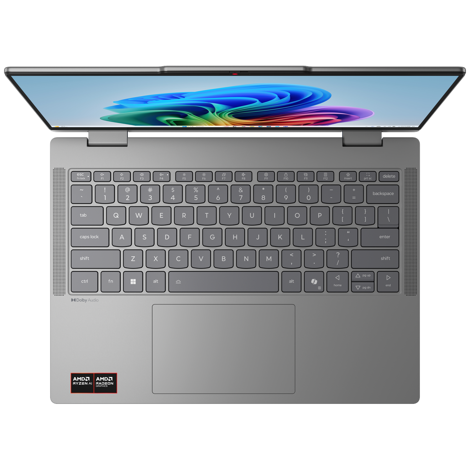 A silver laptop with its screen open, showing a colorful abstract wallpaper.