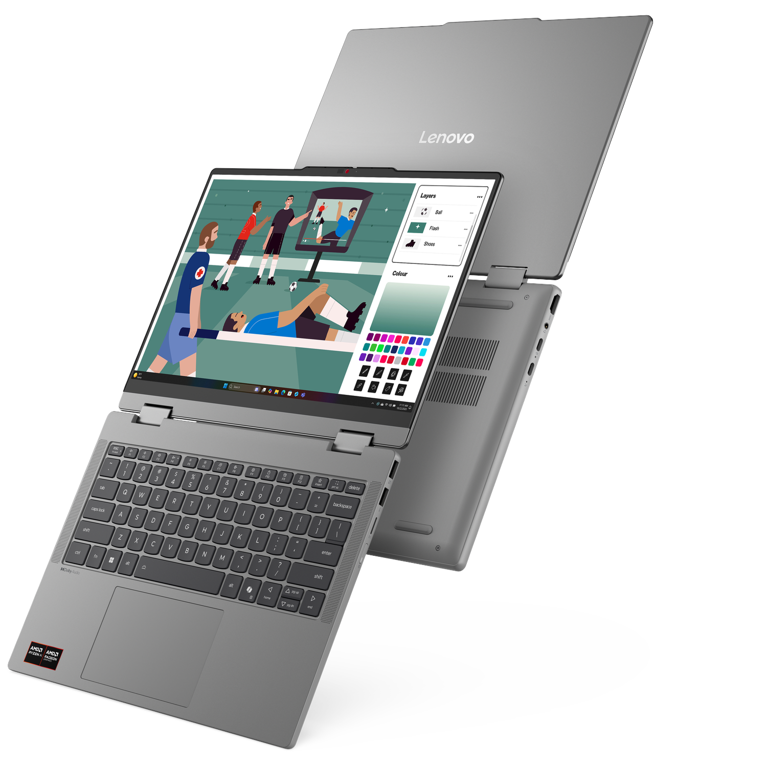 Grey Lenovo laptop with screen open showing a soccer game illustration.