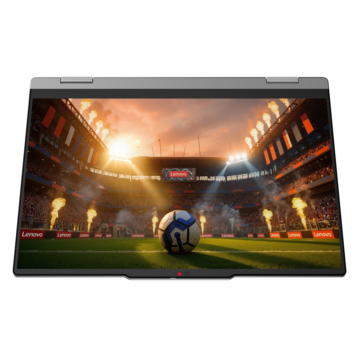 A soccer ball on a field in a stadium with flames and crowds. Lenovo logos visible.