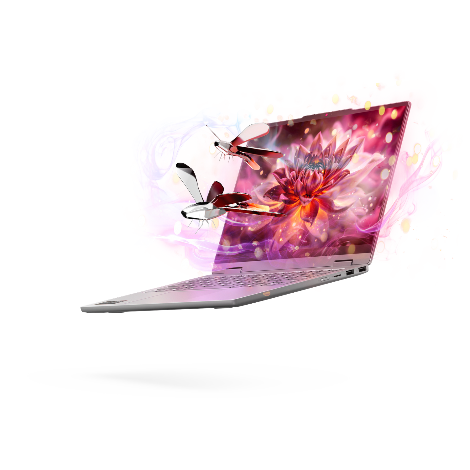 Silver laptop with a vibrant pink flower on screen, two metallic dragonflies fly out.