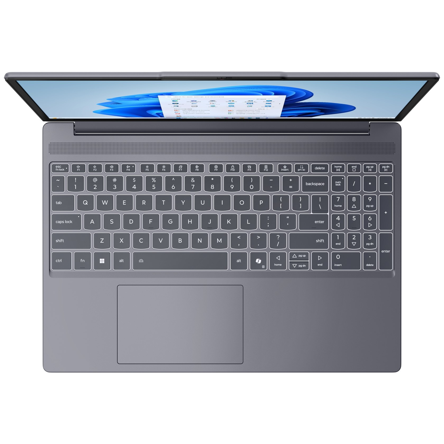 Gray laptop with open screen, keyboard, and touchpad.
